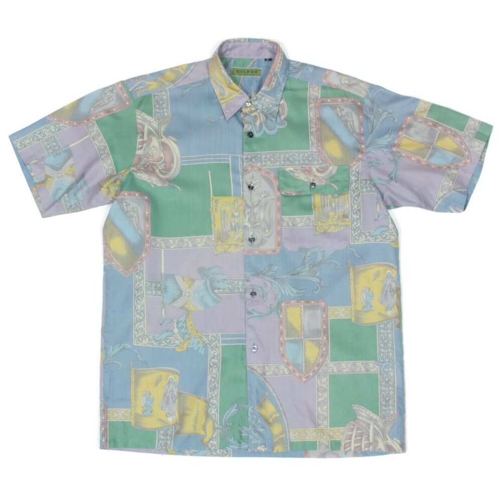 Vintage 90's GILDAS Baroque Pastel Short Sleeve Button Mens Shirt size M /430